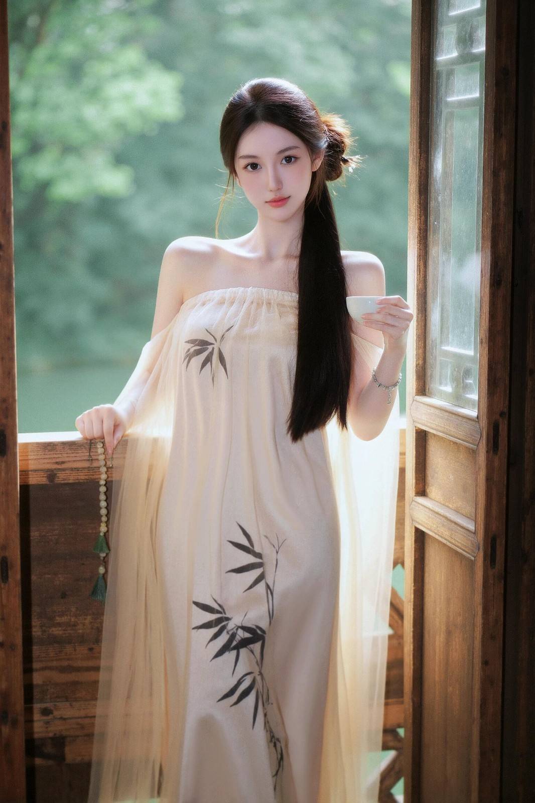 婉约如诗，如水，你温柔入画，手拿摇扇汉服装古装抹胸长裙美女小镇写真图集