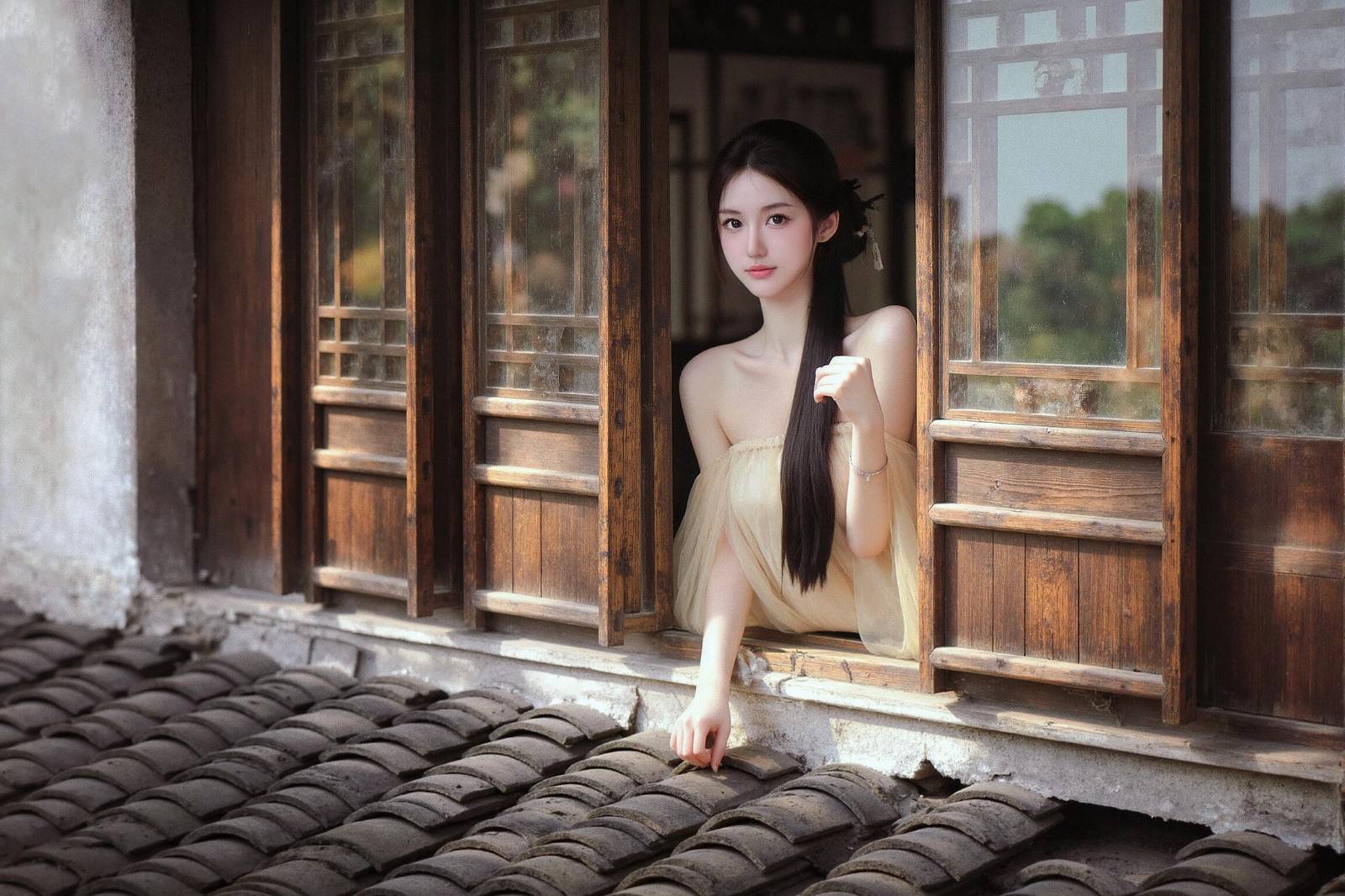 婉约如诗，如水，你温柔入画，手拿摇扇汉服装古装抹胸长裙美女小镇写真图集