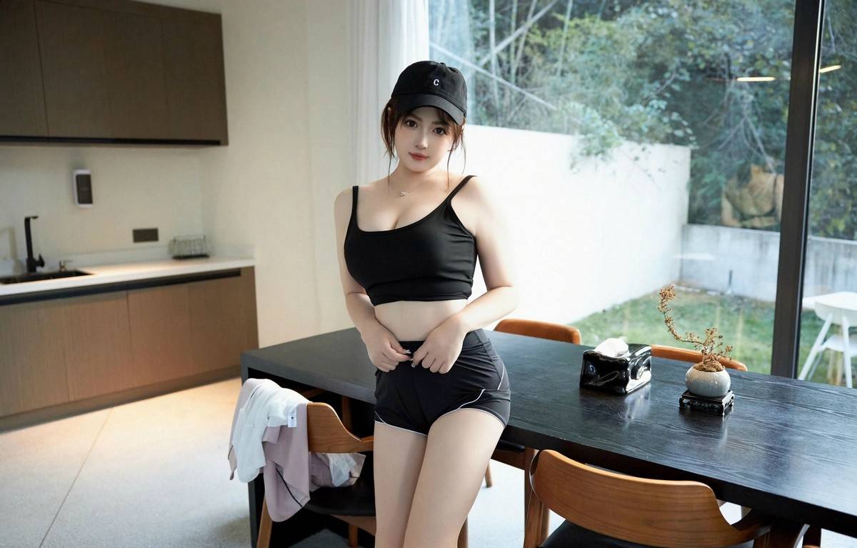 山庄晨曦，薄雾轻漫，可爱微胖美女养乐多黑色运动衣短裤晨练一丝不苟写真套图