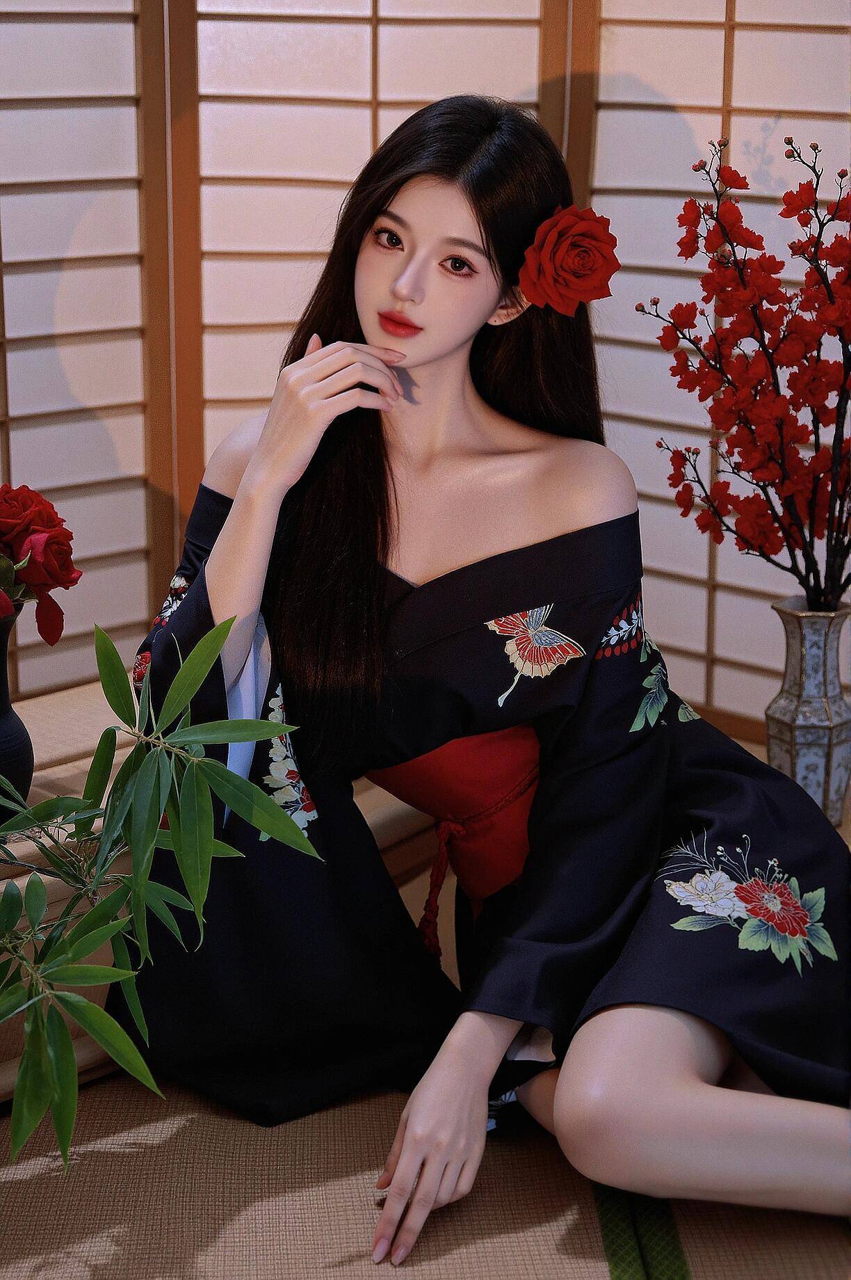 花绚烂，心醉神迷，娇艳欲滴古典美女小露香肩榻榻米私房写真图片