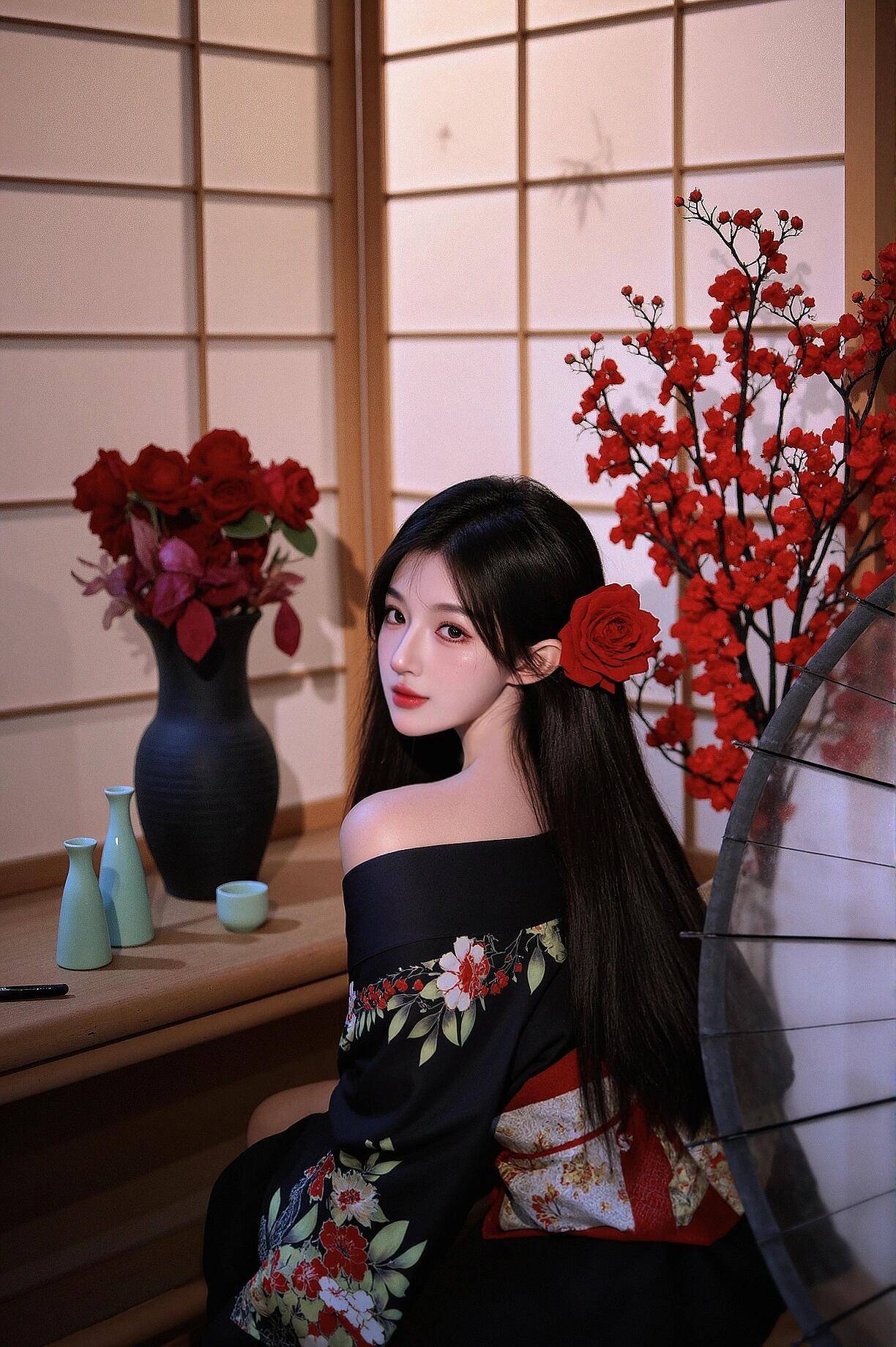 花绚烂，心醉神迷，娇艳欲滴古典美女小露香肩榻榻米私房写真图片