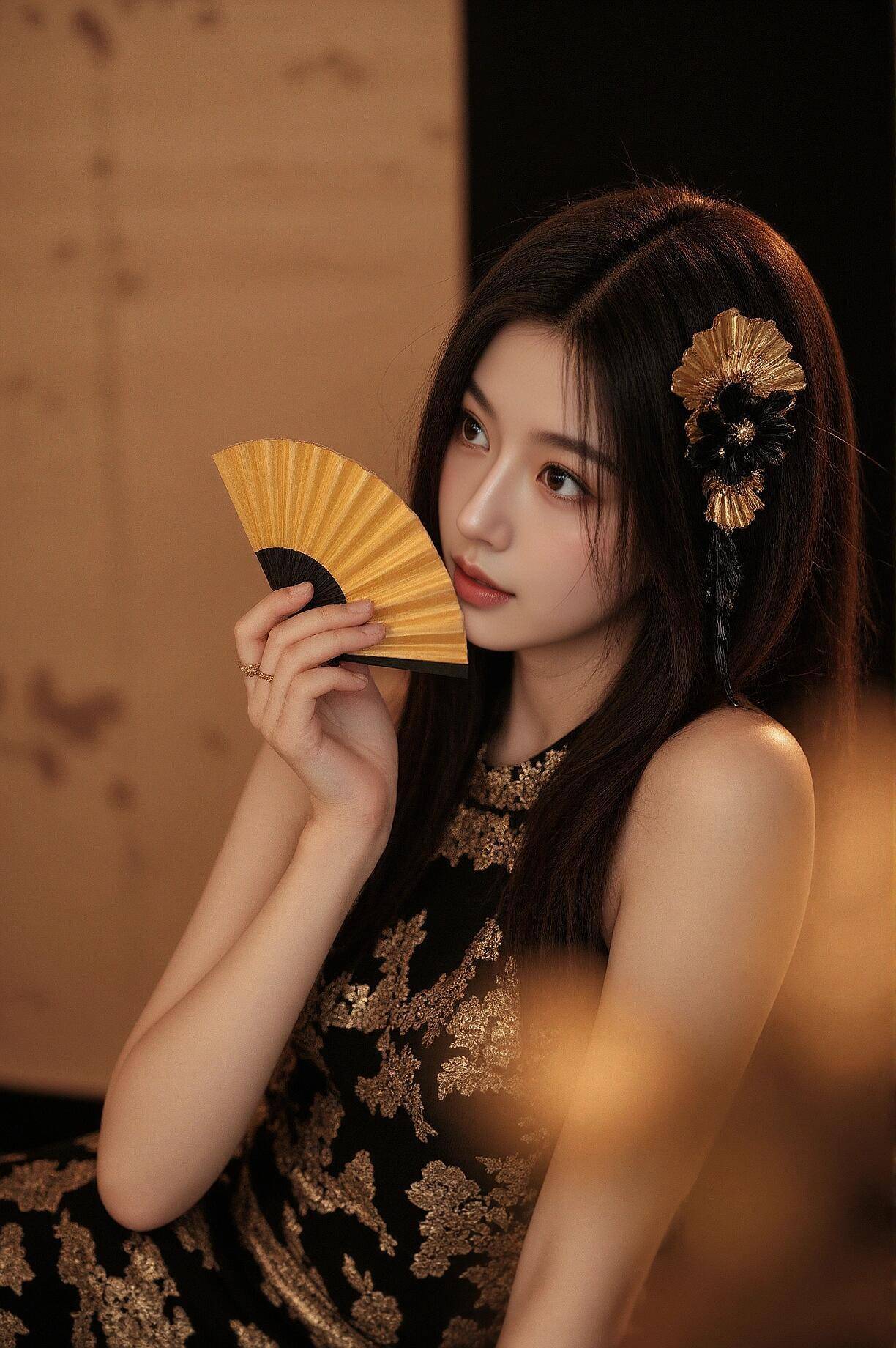 旗袍贴身，优雅入骨，手拿想小扇的旗袍装高挑美女尽显身材曲线美写真图片