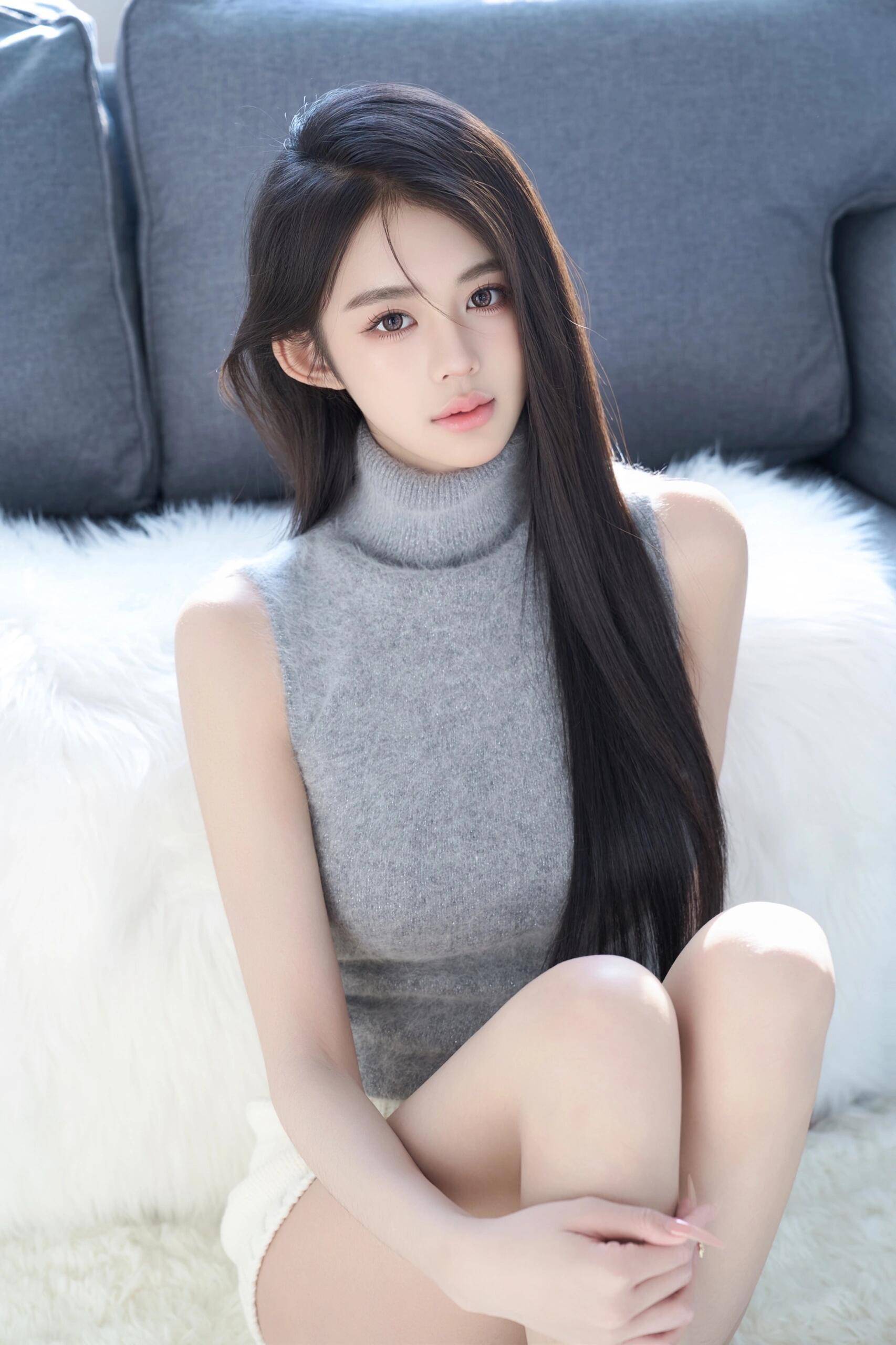 眼眸如水，如清晨的露珠，冬日纯欲风长发美少女毛衣短裤私房淡雅写真图片
