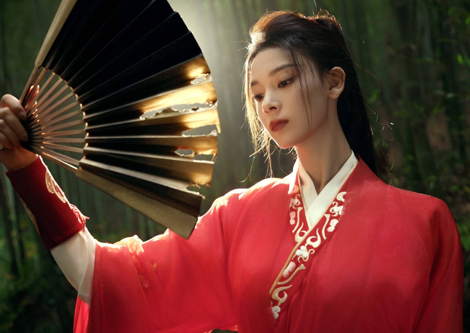 陈瑶化身红衣女侠，手拿纸扇，竹影婆娑，潇洒飘逸写真图片