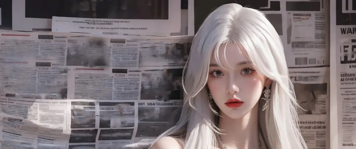 报纸墙白色长发动漫美女3440×1440带鱼屏壁纸 报纸墙白色长发动漫美女3440×1440带鱼屏壁纸