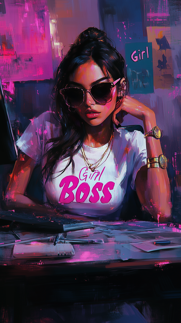 Girl Boss，戴着墨镜的欧美女生AI美图插画图片