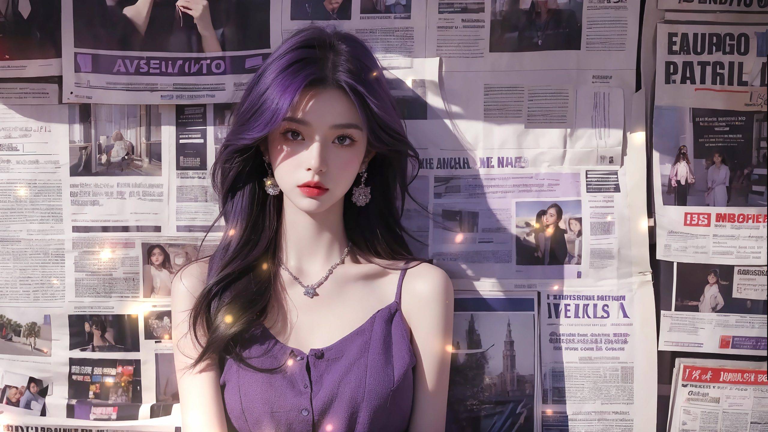 报纸，墙壁，身着紫色吊带长裙的超美美女半身照桌面壁纸图片-达人圈原创摄影