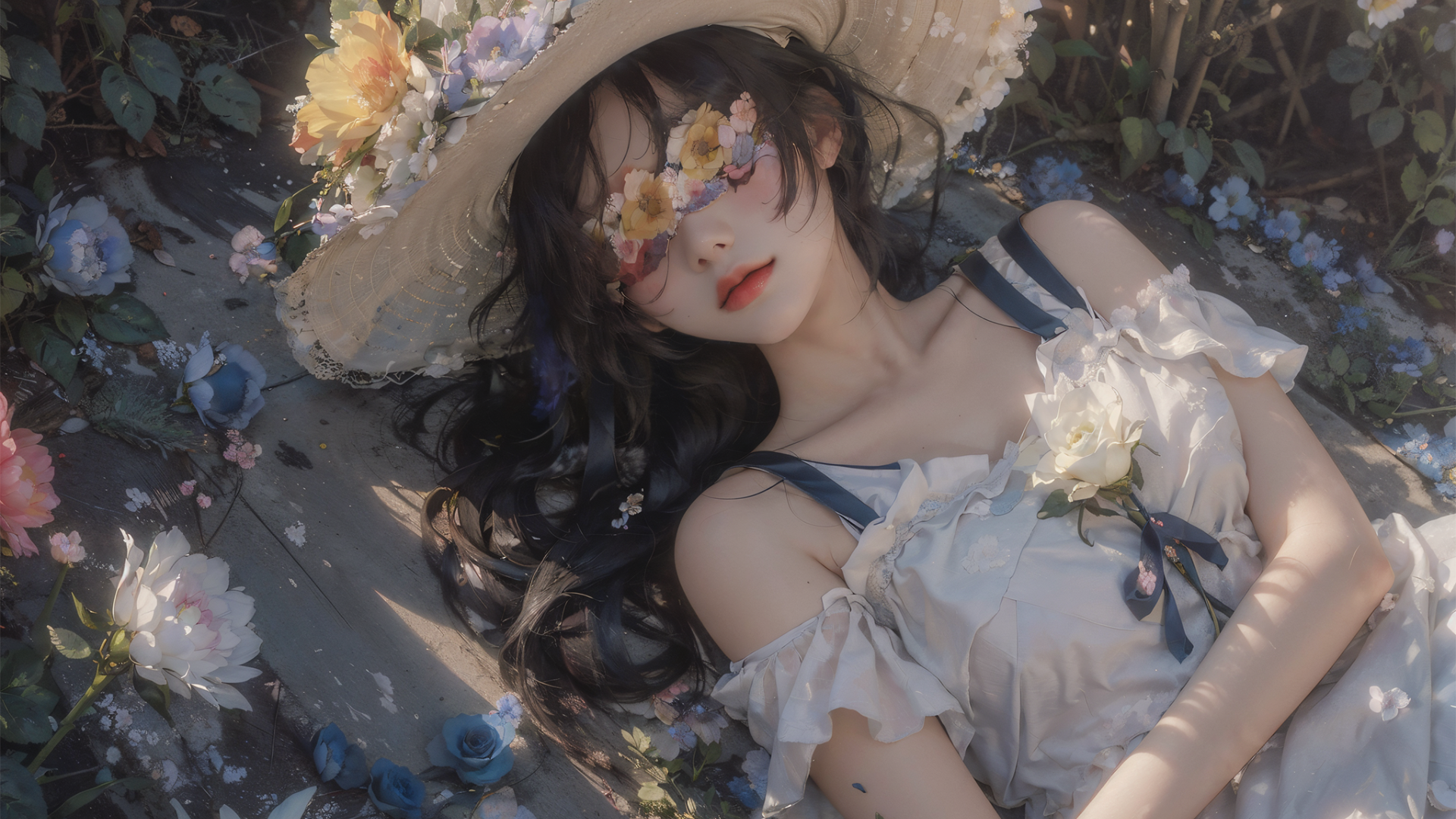 不敢去打扰，蒙着眼睛，安静的躺在地上睡觉的少女壁纸图片-达人圈原创摄影
