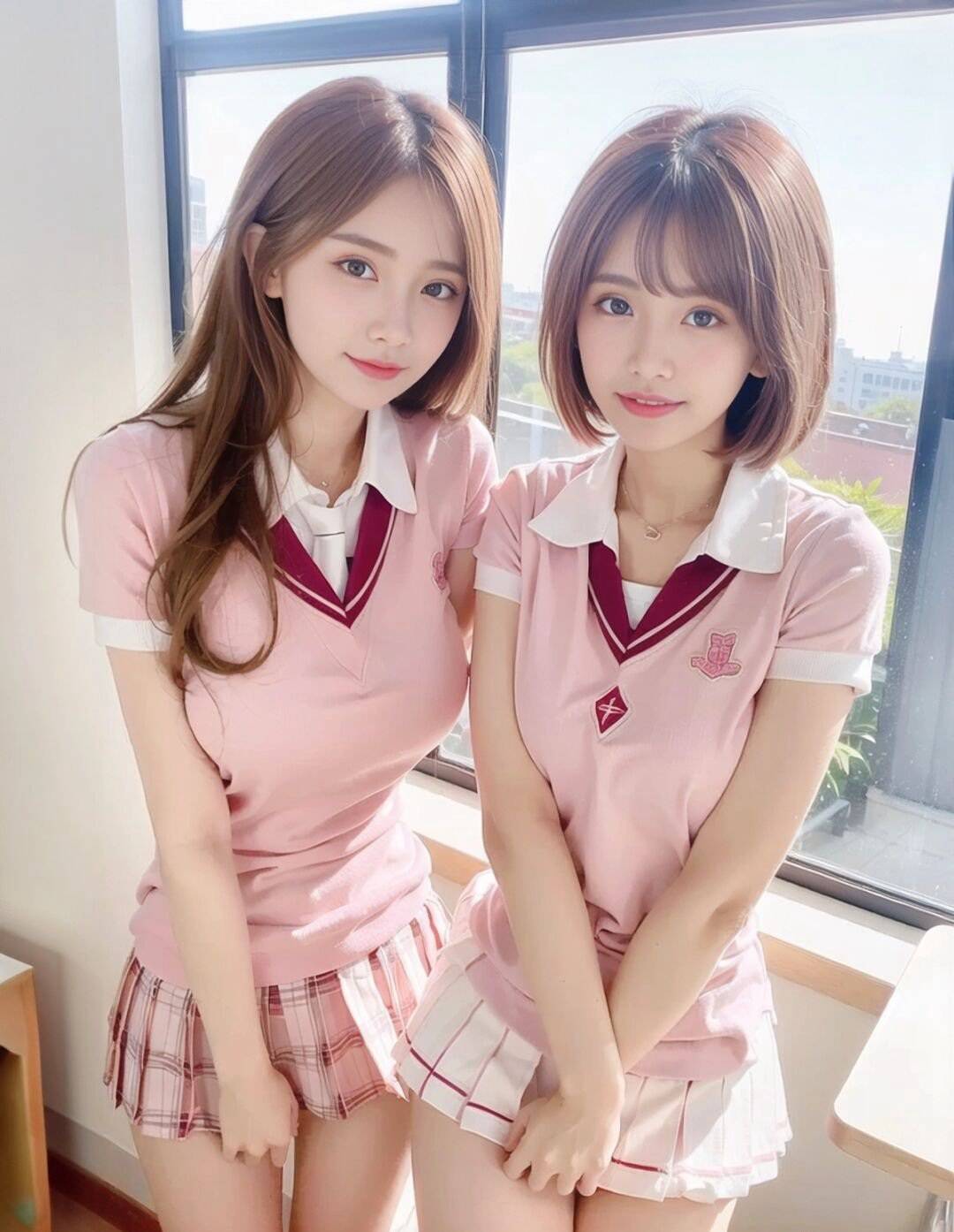 性感AI美女姐妹，闺蜜，粉色JK制服短裙好看图片-达人圈原创摄影